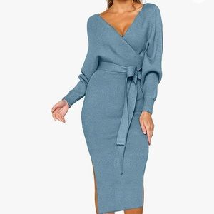 Women's V Neck Sweater Dresses Batwing Sleeve Backless Bodycon Dress with Belt